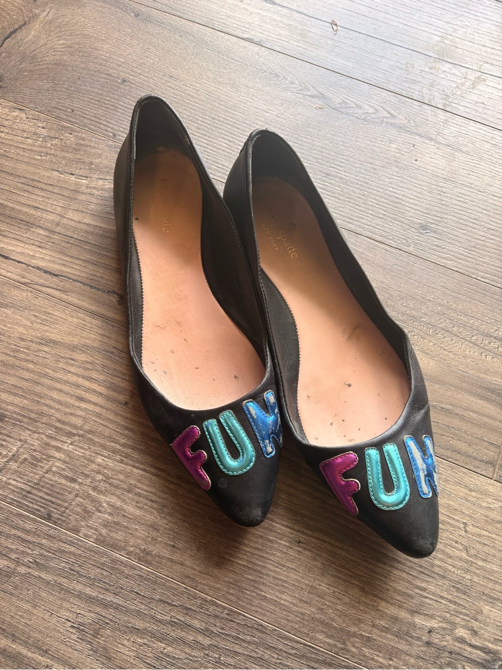 kate spade Black Pointed-Toe Flats with Colorful FUN Appliqué